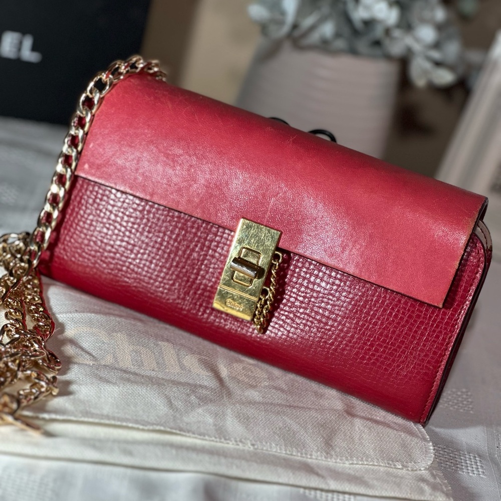 Chloe Drew Red Leather Wallet gold hardware w/unbranded chain, dust bag, and COA